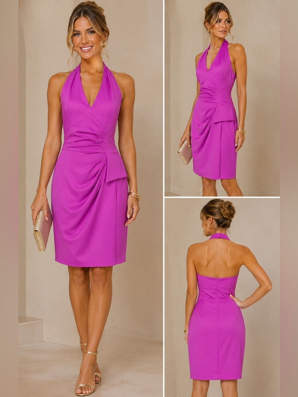 Bianca Nygard bright purple pleated ruched halter dress Sz 10 NWOT